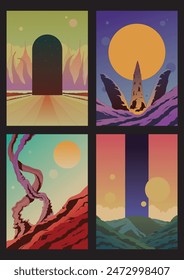 Fantastic Extraterrestrial Landscapes, Fantasy Worlds, Portal, Mountains, Road to Horizon, Portal, Monolith, Rocks, Stones, Giant Tree Trunks, Unknown Celestial Bodies. Colorful Gradients