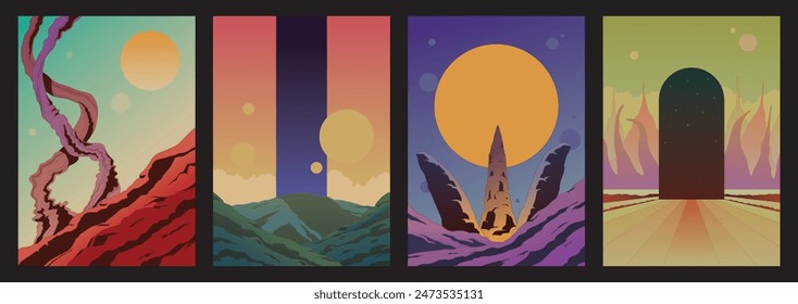 Fantastic Extraterrestrial Landscapes, Fantasy Worlds, Portal, Mountains, Road to Horizon, Portal, Monolith, Rocks, Stones, Giant Tree Trunks, Unknown Celestial Bodies. Colorful Gradients