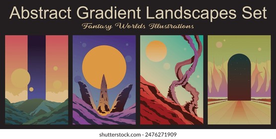 Fantastic Extraterrestrial Landscapes, Fantasy Worlds, Portal, Mountains, Road to Horizon, Portal, Monolith, Rocks, Stones, Giant Tree Trunks, Unknown Celestial Bodies. Colorful Gradients