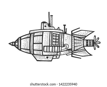 Fantastic fabulous bathyscaphe sketch engraving vector illustration. Scratch board style imitation. Black and white hand drawn image.