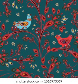 Fantastic, fabulous birds and flowers in a folk style. Seamless, endless pattern. oriental ornament. Elegant pattern for fashionable prints, textures, textiles. Imitation of a patchwork. Vector.