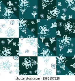 Fantastic, fabulous, curly flowers in a folk style. Seamless, endless pattern. Oriental ornament with elements of patchwork. Design for  paper, textile.  Vector illustration.