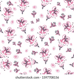 Fantastic, fabulous, curly flowers in a folk style. Seamless, endless pattern. Oriental ornament with elements of patchwork. Design for  paper, textile.  Vector illustration.