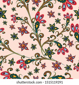 Fantastic, fabulous flowers in a folk style. Seamless, endless pattern. oriental ornament.
Elegant pattern for fashionable prints, textures, textiles. Imitation of a patchwork, handwork. Vector 