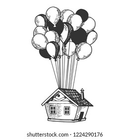Fantastic fabulous house is flying on air balloons engraving vector illustration. Scratch board style imitation. Black and white hand drawn image.