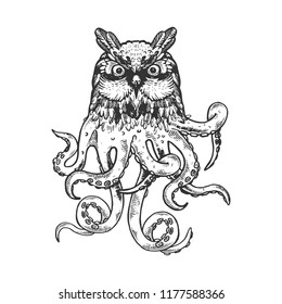 Fantastic fabulous owl octopus animal engraving vector illustration. Scratch board style imitation. Black and white hand drawn image.