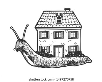 Fantastic fabulous snail with house instead of shell sketch engraving vector illustration. Tee shirt apparel print design. Scratch board style imitation. Black and white hand drawn image.