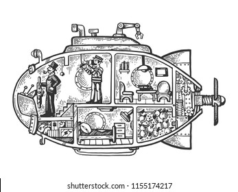 Fantastic fabulous submarine engraving vector illustration. Scratch board style imitation. Black and white hand drawn image.