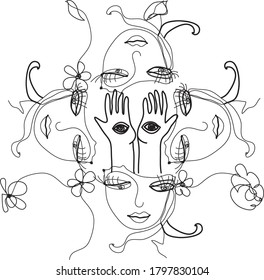 Fantastic face of lady and have hamsa hands in the middle