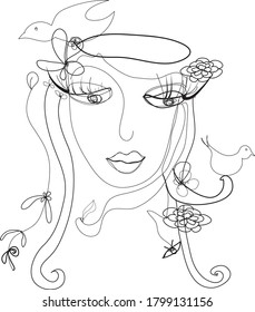 Fantastic face of woman with flowers ,leaves and bird on long hair.