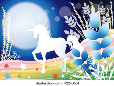 Fantastic Fairy Tale with a Fabled Unicorn - standing a beautiful white horse on the colorful rainbow field with a soft moon light on blue background : vector illustration