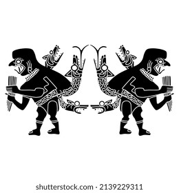 Fantastic fanged man with snakes or dragons. Native American art of Moche Indians from ancient Peru. Indigenous Peruvian  Mochica pottery design. Black and white silhouette.