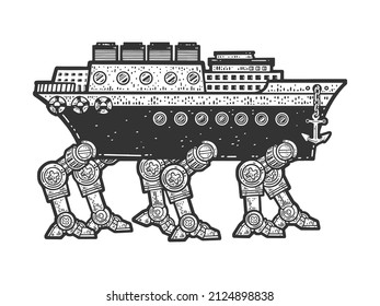 Fantastic fiction steamship vessel on mechanic robotic legs sketch engraving vector illustration. T-shirt apparel print design. Scratch board imitation. Black and white hand drawn image.