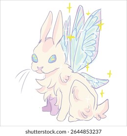 Fantastic fictional character. Fairytale animal. Magical fairy rabbit with shimmering butterfly wings. Delicate cream color. Stars. Vector hand-drawn illustration. Print for clothes, logo, sketchbook 