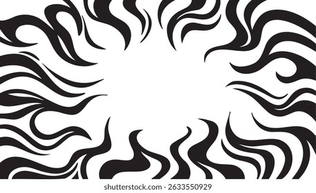 Fantastic fire flame frame with empty space. Hand drawn smoke or fire effect. Manga black and white cartoon comic page. Vector illustration