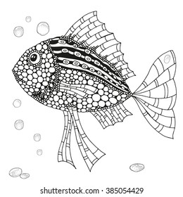 Fantastic fish floats on the sea bottom. Beautiful art background.  Hand-drawn, ethnic, floral, retro, doodle, vector, zentangle, tribal design elements. Pattern for coloring book. Zen art.