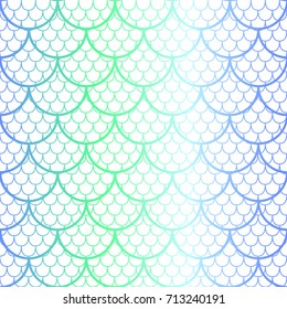 Fantastic fish scale vector pattern. Mermaid tail scale seamless pattern. Fishscale lace on white background. Blue and green gradient fish skin seamless pattern. Shiny mermaid scale pattern swatch