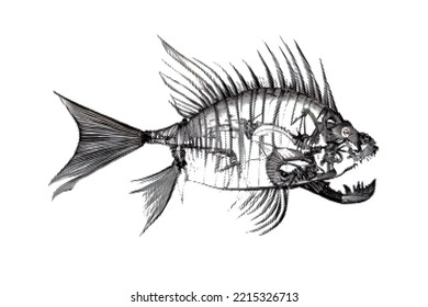 Fantastic fish skeleton. Sea monster. Halftone Vector illustration. Isolated on white background.