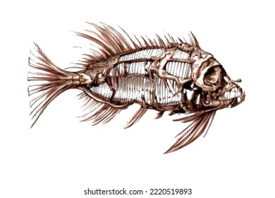 Fantastic fish skeleton. Sea monster. Halftone Vector illustration. Isolated on white background.