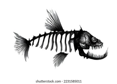 Fantástico esqueleto de pescado. Monstruo marino. Ilustración del vector de semitono. Aislado sobre fondo blanco.