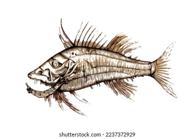 Fantastic fish skeleton. Sea monster. Halftone Vector illustration. Isolated on white background.