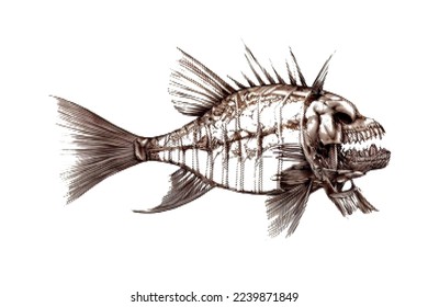 Fantastic fish skeleton. Sea monster. Halftone Vector illustration. Isolated on white background.