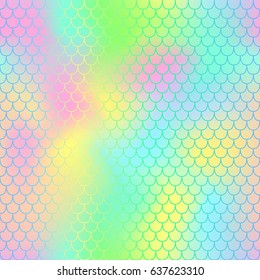 Fantastic fish skin with scale pattern vector background. Mermaid tail seamless pattern for packaging or surface design. Candy colored seamless background for nursery design. Seamless colorful mesh