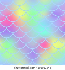 Fantastic fish skin vector seamless pattern. Square fishscale texture or background. Bright yellow pink gradient mesh. Mermaid pattern swatch. Fish skin texture with color mesh backdrop. Mermaid decor