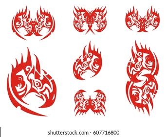 Fantastic flaming eagle head and symbols formed from it. Decorative mystic eagle head, symbols and butterflies formed from it in red and white options