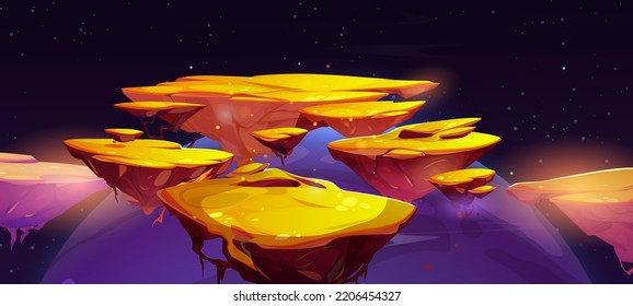 Fantastic floating islands with golden surface in night sky. Game fantasy landscape of flying in air platforms of golden ground in outer space with stars and planets, vector cartoon illustration