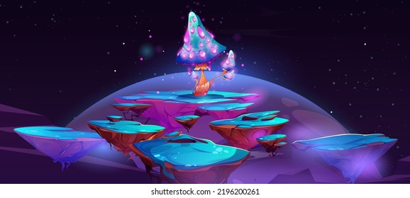 Fantastic floating islands with magic mushroom at night. Vector game background with cartoon illustration of fantasy landscape of flying in air platforms with shiny fly agaric