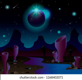 Fantastic flora by the river on a distant planet and an eclipse. Empty Planet in Open Space.