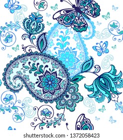 Fantastic floral seamless ornament with decorative butterflies. Floral wallpaper. Indigo traditional paisley pattern. Decorative ornament for fabric, textile, wrapping paper. 