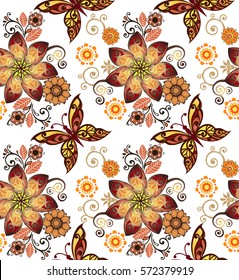 Fantastic floral seamless ornament with decorative butterflies. Vintage flowers seamless ornament. Decorative ornament backdrop for fabric, textile, wrapping paper.