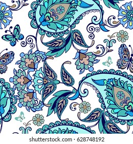 Fantastic floral seamless ornament with decorative butterflies. Vintage flowers seamless ornament in blue colors. Decorative ornament backdrop for fabric, textile, wrapping paper.