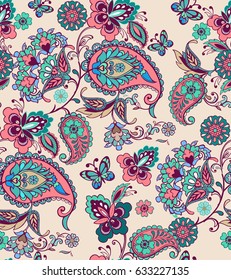 Fantastic floral seamless ornament with decorative butterflies. Oriental seamless ornament with paisley. Decorative ornament backdrop for fabric, textile, wrapping paper.