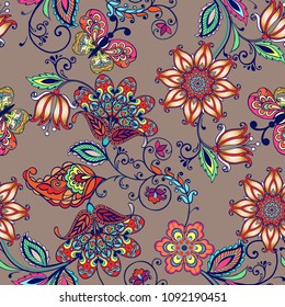 Fantastic floral Seamless ornament with paisley. Floral wallpaper.
Oriental ethnic background. Arabic ornament with fantastic flowers and leaves. Decorative ornament for fabric, textile.