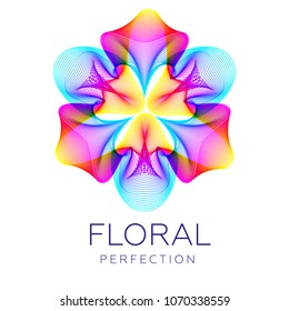 Fantastic flower icon, abstract shape with lots of blending lines and gradient color. Vector illustration. Sample text - Floral perfection.