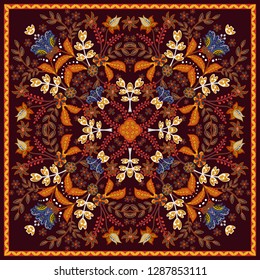 Fantastic flower ornament. Beautiful vector pattern. Design can be used for Card, bandana print, kerchief design, napkin.