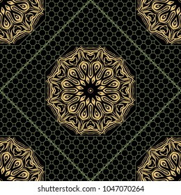 Fantastic flower ornament with hexagon lace. Beautiful vector pattern. for Card, bandana print, kerchief design, napkin. Seamless pattern