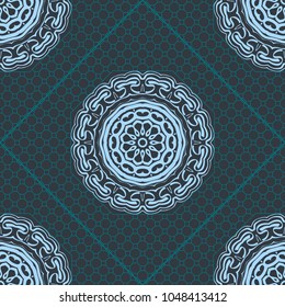 Fantastic flower ornament with hexagon lace. Beautiful vector pattern. for Card, bandana print, kerchief design, napkin. Seamless pattern