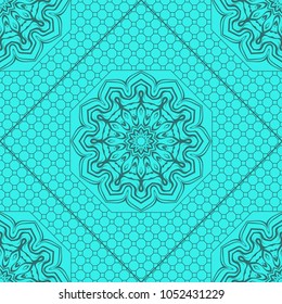 Fantastic flower ornament with hexagon lace. Beautiful vector pattern. for Card, bandana print, kerchief design, napkin. Seamless pattern