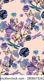 Fantastic flowers and butterflies. Seamless border. Vector illustration. Suitable for fabric, mural, wrapping paper and the like