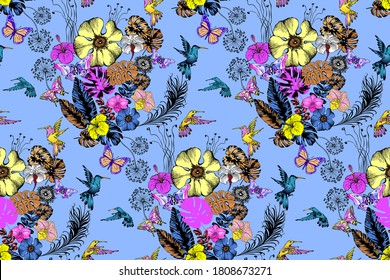 Fantastic flowers and butterflies. Seamless border. Vector illustration. Suitable for fabric, mural, wrapping paper and the like