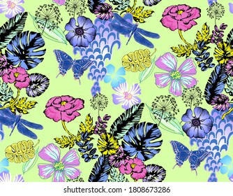 Fantastic flowers and butterflies. Seamless border. Vector illustration. Suitable for fabric, mural, wrapping paper and the like