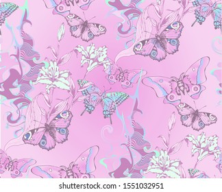 Fantastic flowers and butterflies. Seamless pattern. Vector illustration. Suitable for fabric, wrapping paper and the like