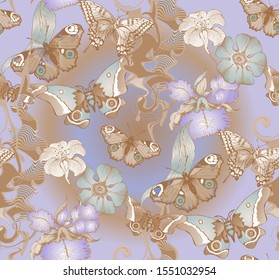 Fantastic flowers and butterflies. Seamless pattern. Vector illustration. Suitable for fabric, wrapping paper and the like