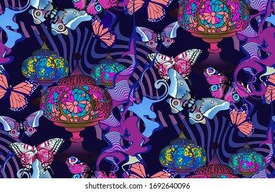Fantastic flowers and butterflies. Seamless pattern. Vector illustration. Suitable for fabric, wrapping paper and the like