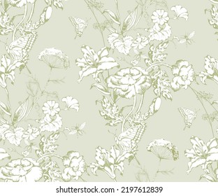 Fantastic flowers and butterflies. Seamless pattern. In style Toile de Jou.Suitable for fabric, mural, wrapping paper and the like