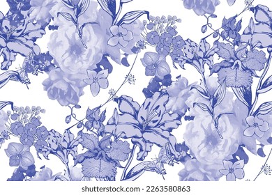 Fantastic flowers and butterflies. Seamless pattern. Vector illustration. Suitable for fabric, mural, wrapping paper and the like